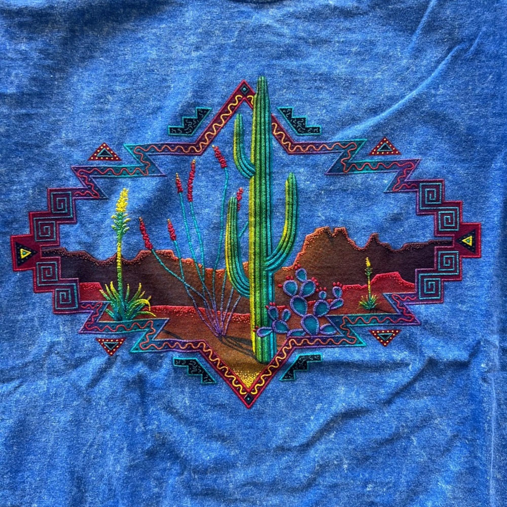 Y2K Desert T Shirt Mens Large Blue Acid Wash Puff Print Cactus Western Arizona - Picture 2 of 6